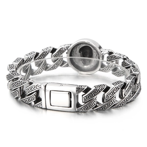 Hip hop silver stainless steel skull bracelet with Greek fret engraved links
