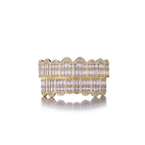 Luxury gold hip hop grillz set with shiny micro-pave crystals and mirror reflection