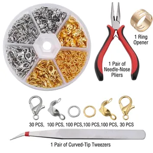 DIY Jewelry Making Kit Zinc Alloy Lobster Clasps Iron Jump Rings Fold Over Cord Ends Tools Pliers Tweezers Handmade Craft Supplies