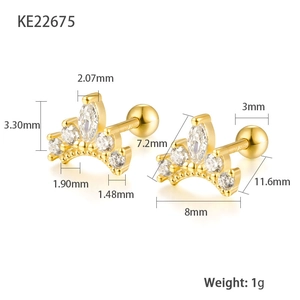 Detailed dimensions of S925 sterling silver gold crown earring with cubic zirconia studs