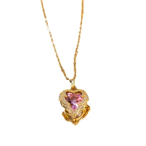 Court style pink heart amethyst necklace with micro-paved crystals in gold plating