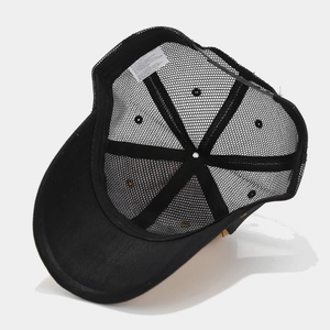Classic black mesh trucker hat with breathable structure and durable cotton brim detail