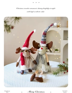 Close-up of knit fabric texture and plush fur detail on Christmas reindeer figurines