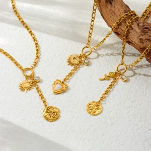 Collier Pendentif En Acier Inoxydable Avec Charmes Fleur Coeur Soleil Lune Pièce Et Cristal Goutte Eau Long Gland Pour Femmes