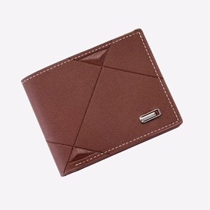 Brown leather men's short trifold wallet with geometric stitching and metal logo