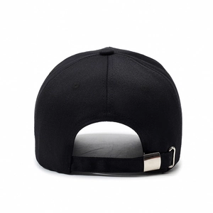Back view of black cotton baseball cap with adjustable silver metal buckle on white background