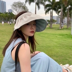 Detail of wide-brimmed UPF 50+ sun hat in beige with pleated design for outdoor use