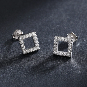 Minimalist S925 sterling silver square stud earrings with clear micro-pave stones