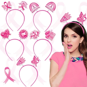 Breast Cancer Awareness Month Pink Ribbon Headband Set Inspirational Slogan Heart Rainbow Paper Plastic Head Bopper Party Photo Props