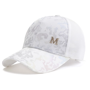 White mesh baseball cap with gold rhinestone letter M and tie-dye texture finish