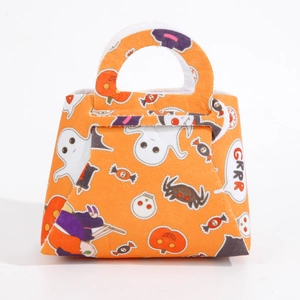 Orange Halloween felt gift bag with pumpkin and ghost patterns for kids trick or treat