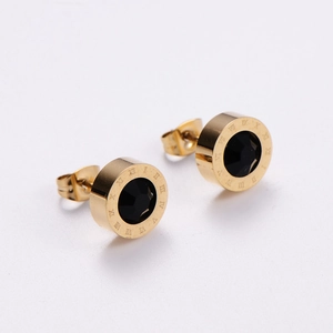 Elegant gold plated titanium steel stud earrings with black stone and Roman numerals