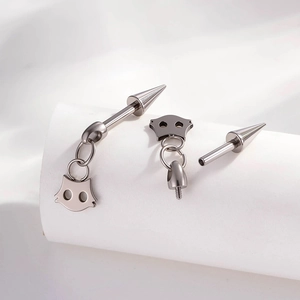 F136 titanium cat earring with cat-shaped pendant barbell and silver-grey components