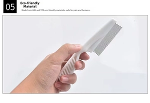 Close-up of pet flea comb showing non-slip ABS handle and stainless steel pins