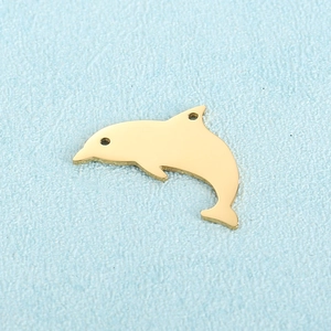 Polished gold stainless steel mini dolphin pendant with dual connector holes