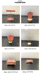Detailed size specifications for pink velvet and gold metal jewelry display stands