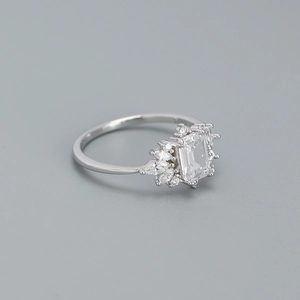 Sparkling S925 silver ring with emerald-cut main stone and micro-pave accents