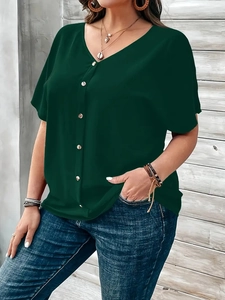Elegant dark green V-neck short sleeve buttoned blouse in a loose casual fit for women