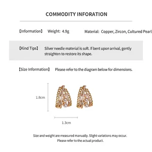 Detailed size specifications for pearl and zircon stud earrings with copper base material