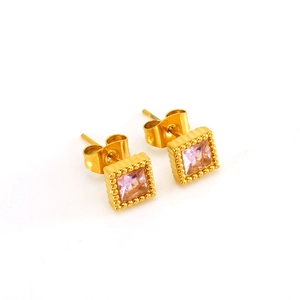 Golden square stud earrings with pink zircon stone and beaded border on white background