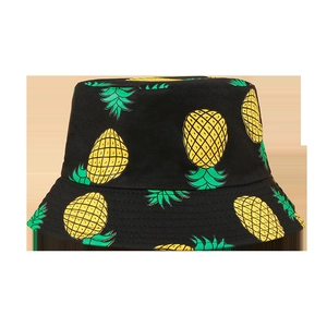 Unisex black sun hat with yellow pineapple prints and reinforced stitching detail