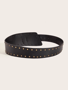 Detail shot of wide black leather belt with double rows of gold studs and snap closure
