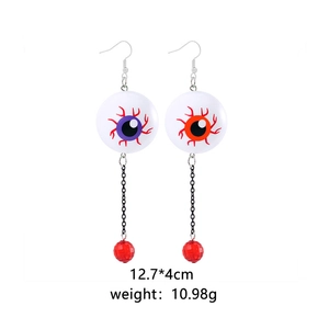 Detail of eyeball drop earrings with long bead chains including measurements and weight