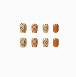 24pcs short square press-on nails with orange checkerboard and abstract line patterns