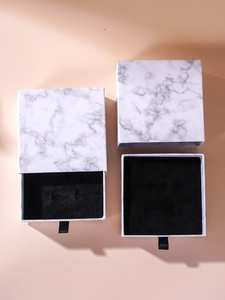 White marble pattern jewelry drawer boxes with black flocking lining and pull ribbon