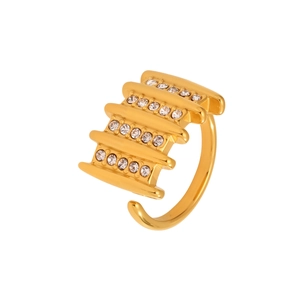 Modern gold plated stainless steel open ring with four rows of sparkling zircons