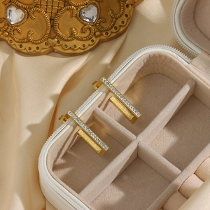 Minimalist 18K gold plated rectangular hoop earrings with cubic zirconia inlay for women