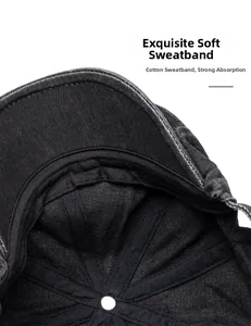 Detail of internal cotton sweatband on washed denim newsboy cap with strong absorption