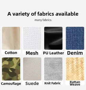 Close-up of diverse fabric swatches including mesh, cotton, denim and camo for custom caps