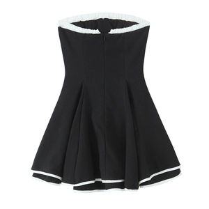 Sweet vintage strapless mini dress with contrast white ruffles and a back zipper closure