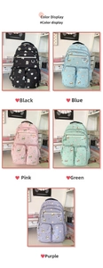 Detailed grid of five colorful bear-print school backpacks in student study setting