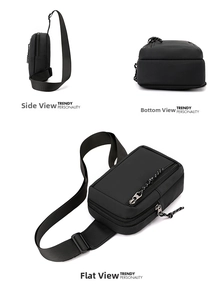 Detailed views of water-resistant nylon chest bag with adjustable strap and zippers