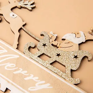 Décoration de Noël en bois avec renne traîneau doré à paillettes et texte Merry