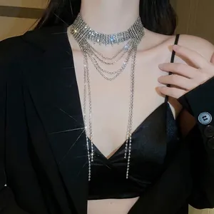 Rhinestone Fringe Choker Necklace Alloy Multi Layer Long Tassel Sparkling Exaggerated Luxury Evening Party Jewelry For Women
