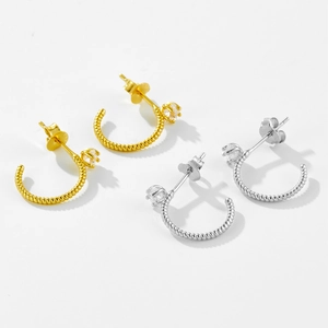 Detailed macro of S925 sterling silver twisted C-shape earrings with zircon studs