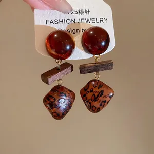 Boucles d'oreilles vintage en bois et pierre œil de tigre avec aiguilles en argent S925