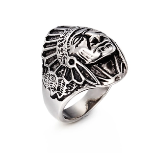 Vintage silver punk Indian chief warrior ring for men in retro stainless steel