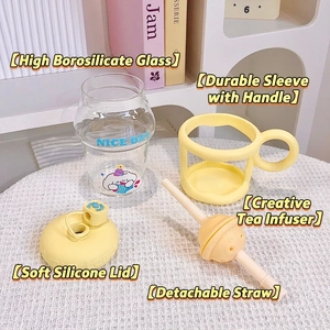 Cute glass water bottle with straw, yellow silicone handle sleeve and dog pattern