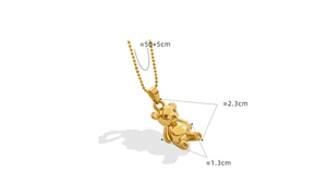 Close-up of gold bear pendant with measurements: 2.3cm height and 50cm chain length