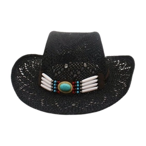 Breathable black woven cowboy hat with turquoise ethnic embellishment and chic brim