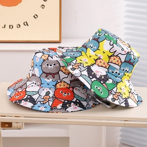 Kids Bucket Hat Cartoon Animal Print Wide Brim Sun Protection Adjustable Windproof Rope Polyester Sun Hat Boys Girls