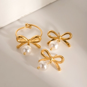 18k gold plated stainless steel bow jewelry set with pearl ring and earrings