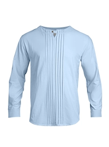 Detail of light blue linen shirt featuring tuxedo pleats and a vintage single-button neckline