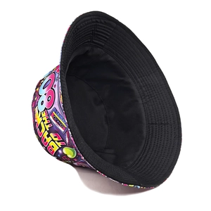 Detail of retro 80s fisherman hat with back the 80s print and black canvas lining