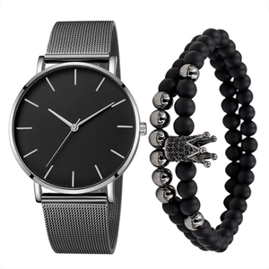Minimalist black dial watch with silver mesh band, skull and crown beaded bracelets set