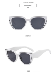 Front and side views of stylish square white sunglasses with dark grey lenses C3